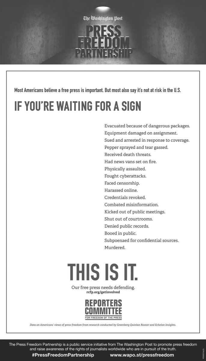 The Reporters Committee's full-page ad in The Washington Post. Most Americans don't see a threat to press freedom, but there are many reasons to be concerned and we've listed them out. The signs are there, and it's time to stand up for our free press.