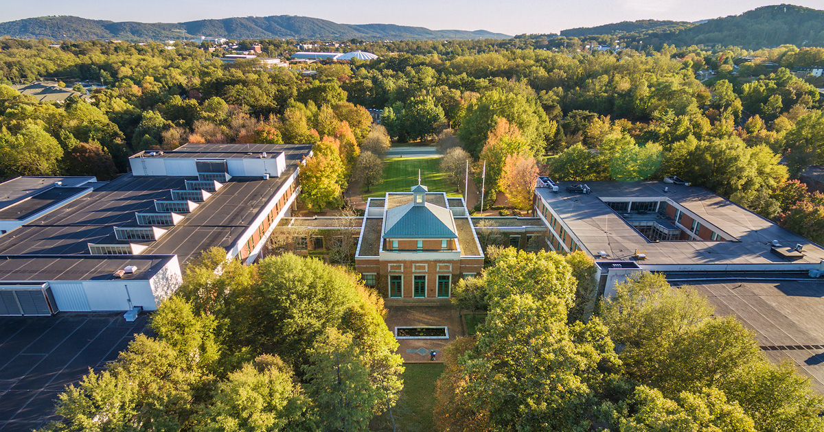 Photo of UVA Law School from aerial perspective.
