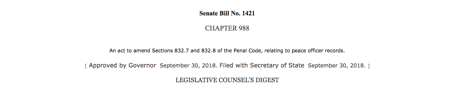 Photo of Senate Bill 1421. Screenshot from California Legislative Information.