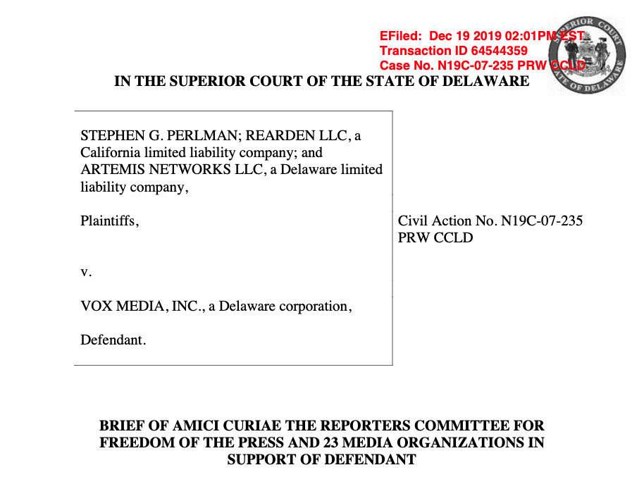 Photo of cover page of Perlman v. Vox Media amicus brief in defamation lawsuit