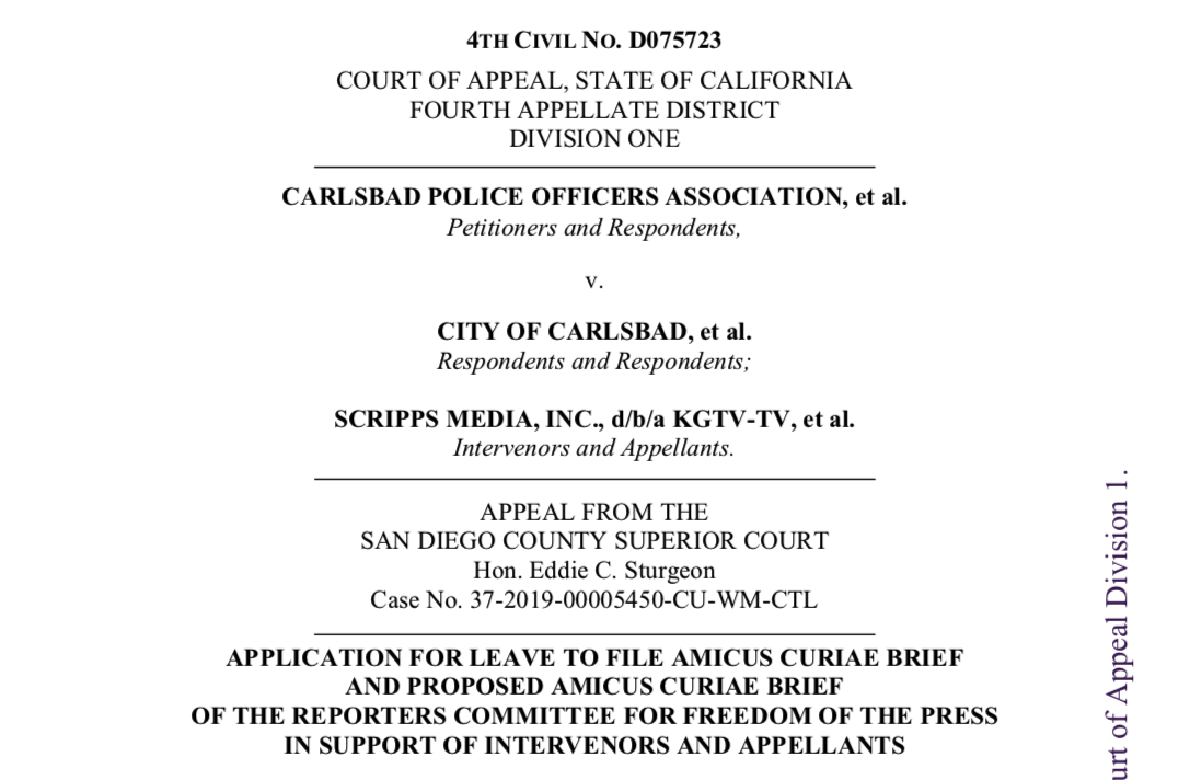 Cover page of RCFP amicus brief in City of Carlsbad v. Scripps Media