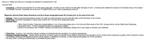 Decorum, Safety and Security Coverage Guidelines for Impeachment Trial January 2020 Underlays. Underlays are required 30 minutes prior to the start, duration of and until 30 minutes after trial adjournment. Underlays are needed for access to the Senate wing of the Capitol and Senate Tunnels. Underlays are to be worn IN ADDITION to your valid congressional press ID. Reporters should follow these directions and be in these designated areas 30 minutes prior to the start of the trial. Subway. Normal operating procedures except: No walk and talk interviews up and down the stairs and in the bank of six corridor. First Floor: Reporters may gather in press area outside of S 116 and other designated areas. Second Floor: Ohio Clock Corridor. Reporters should gather in one of two press areas are on the East and West ends of the OCC. Access will be via the West Grand Staircase. Reception Room. There is designated space for reporters to gather. Bank of six elevators, Ben Franklin Hallway, and Democratic leadership hallway (from west steps to elevator) are restricted. Third floor: Access on the third floor should continue as standard with the exception of underlay requirement. Access to Senate Chamber. Tickets will be issued for all seats inside the Senate Press Gallery Chamber for the duration of trial. Tickets will be allocated by gallery staff on behalf of press committees. Access to the Senate Chamber will be subject to additional screening. Contact appropriate gallery for further guidance. No food, drink, or sitting on floors/desks is permitted in press areas.