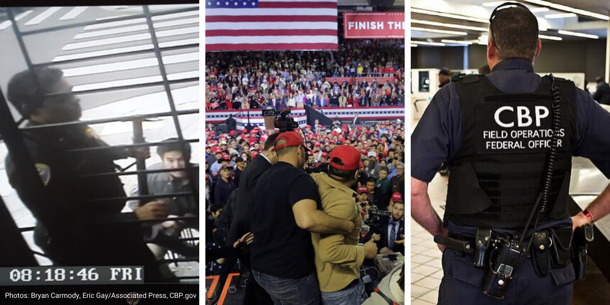 Photo collage showing Bryan Carmody raid, Trump rally and CBP officer