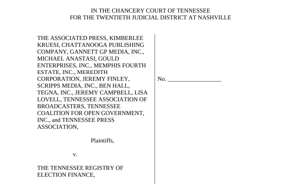 Cover page of AP v. Tennessee Registry of Election Finance lawsuit