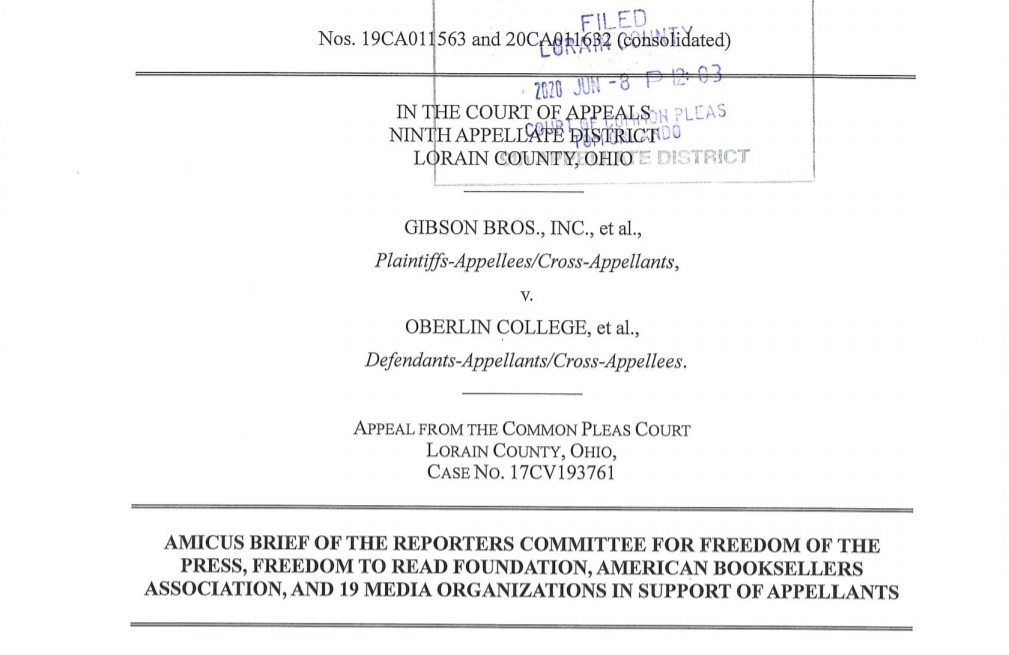 Reporters Committee amicus brief in Gibson Bros, Inc. v. Oberlin College