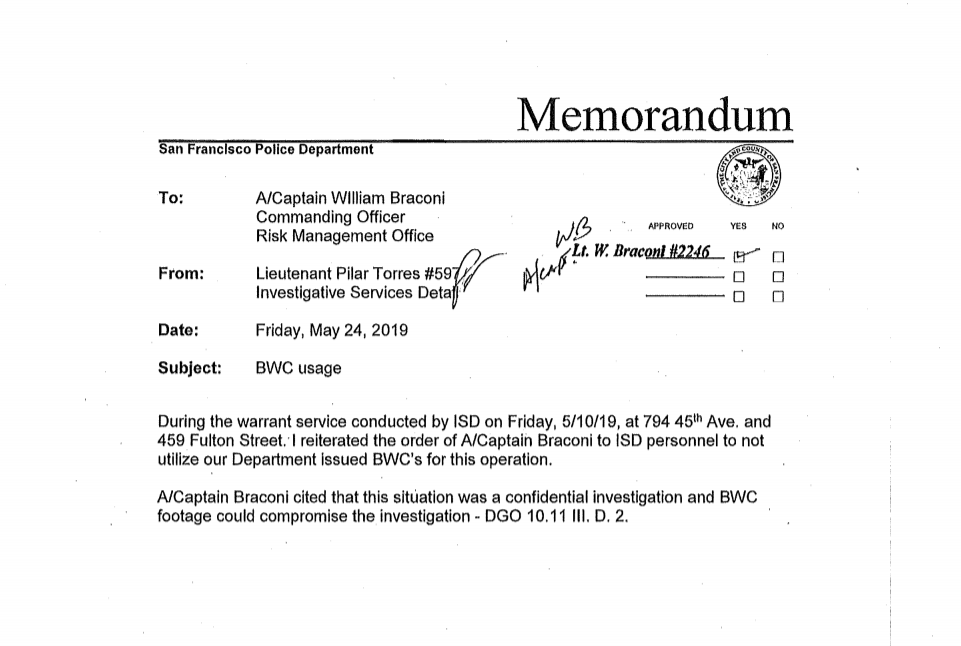 Screenshot of SFPD memo about bodycam usage during Carmody raid