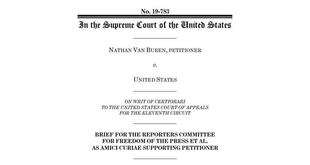 Screenshot of cover page of RCFP amicus brief in Van Buren v. United States