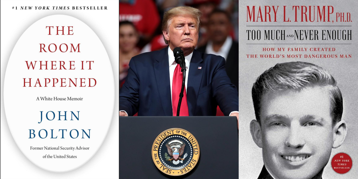 Photo collage of President Trump and book covers about president