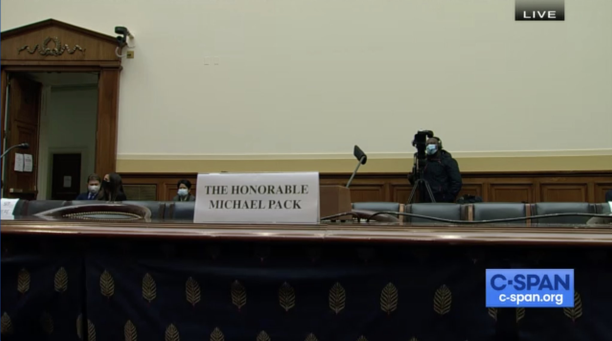 Photo of Michael Pack's empty chair during House Foreign Affairs Committee hearing