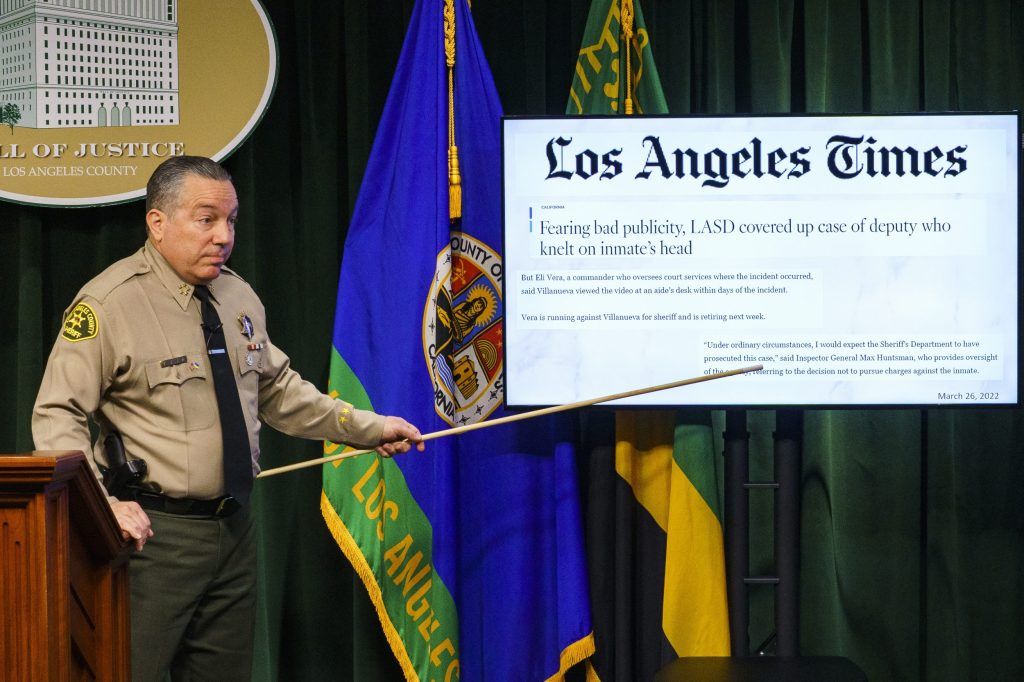 Los Angeles County Sheriff Alex Villanueva at a press conference