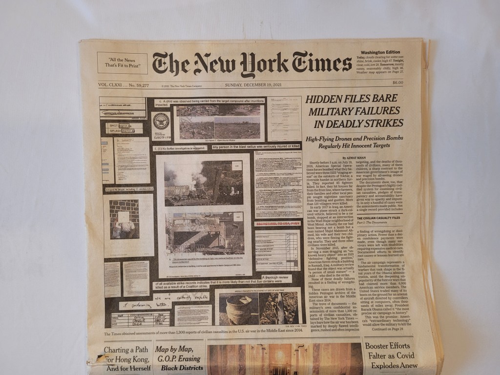 Front page photo of The New York Times where Azmat's article was published.