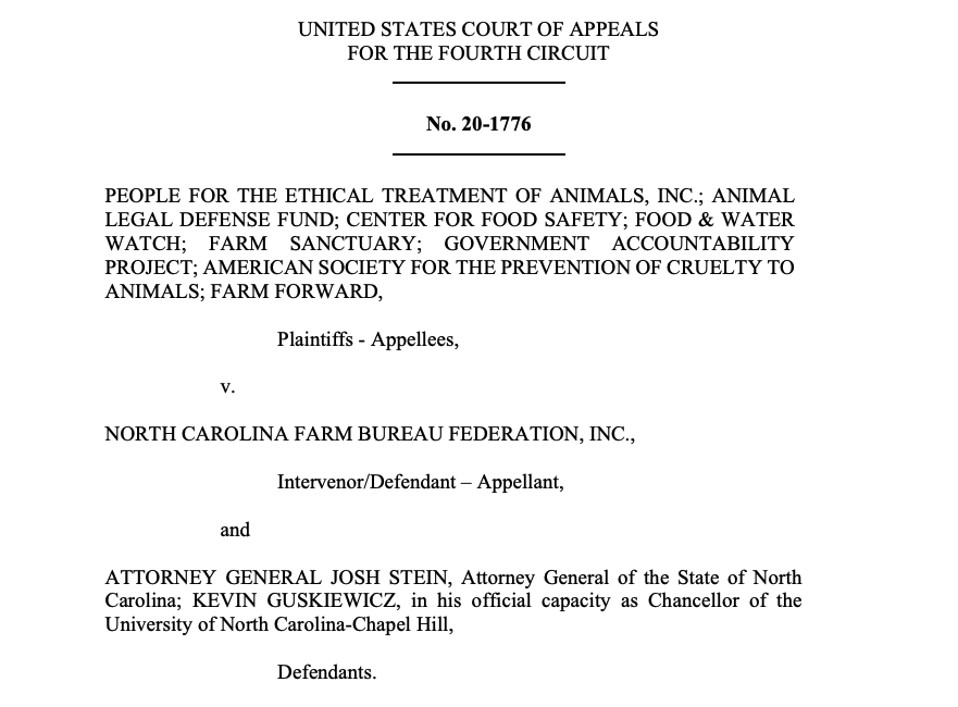Screenshot of coverpage of Fourth Circuit ruling in PETA v. Stein