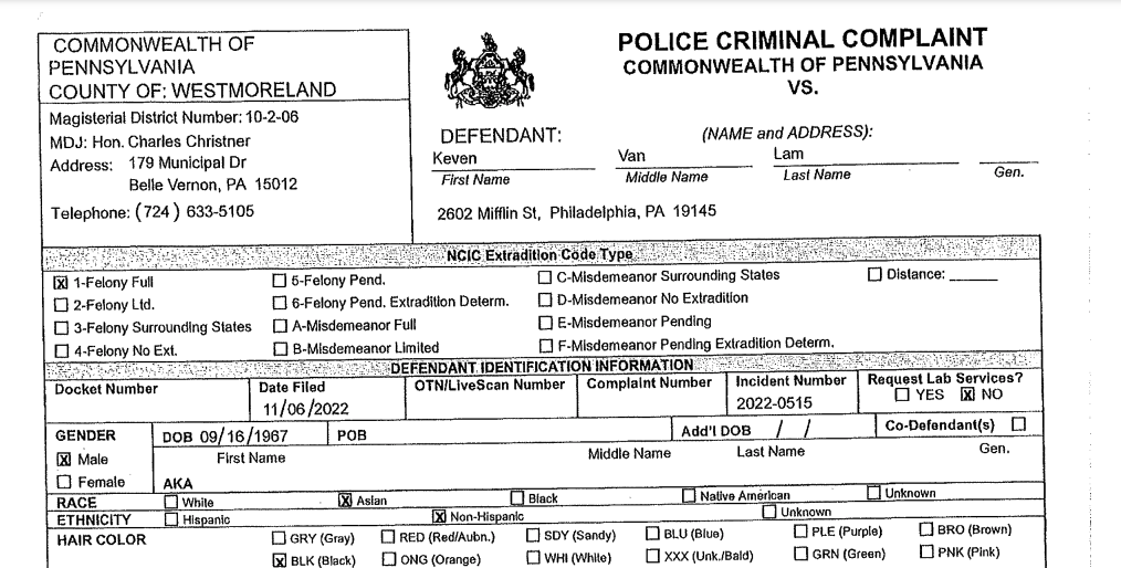 First page of Keven Van Lam criminal complaint