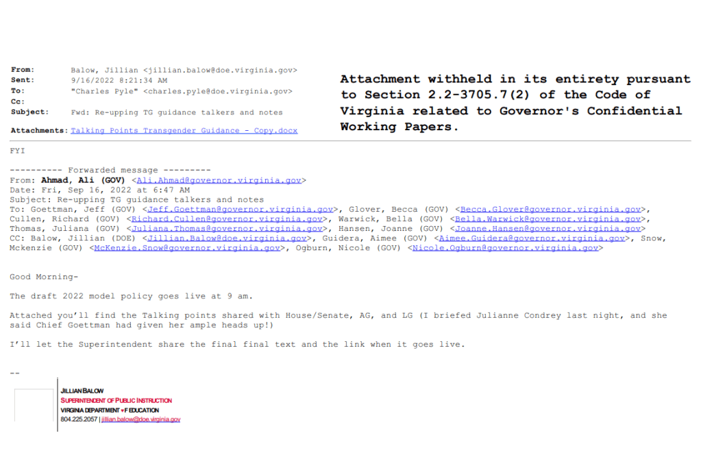 A screenshot of an email in which Virginia public officials shield an attachment under the "working papers" exemption.