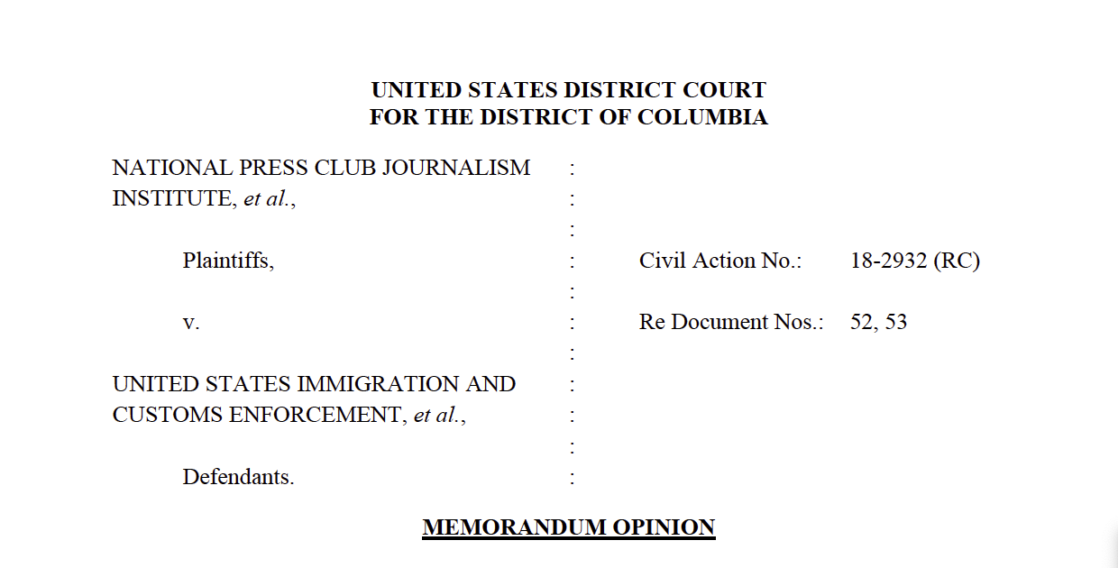 Screen shot of cover page of ruling in NPCJI v. ICE lawsuit