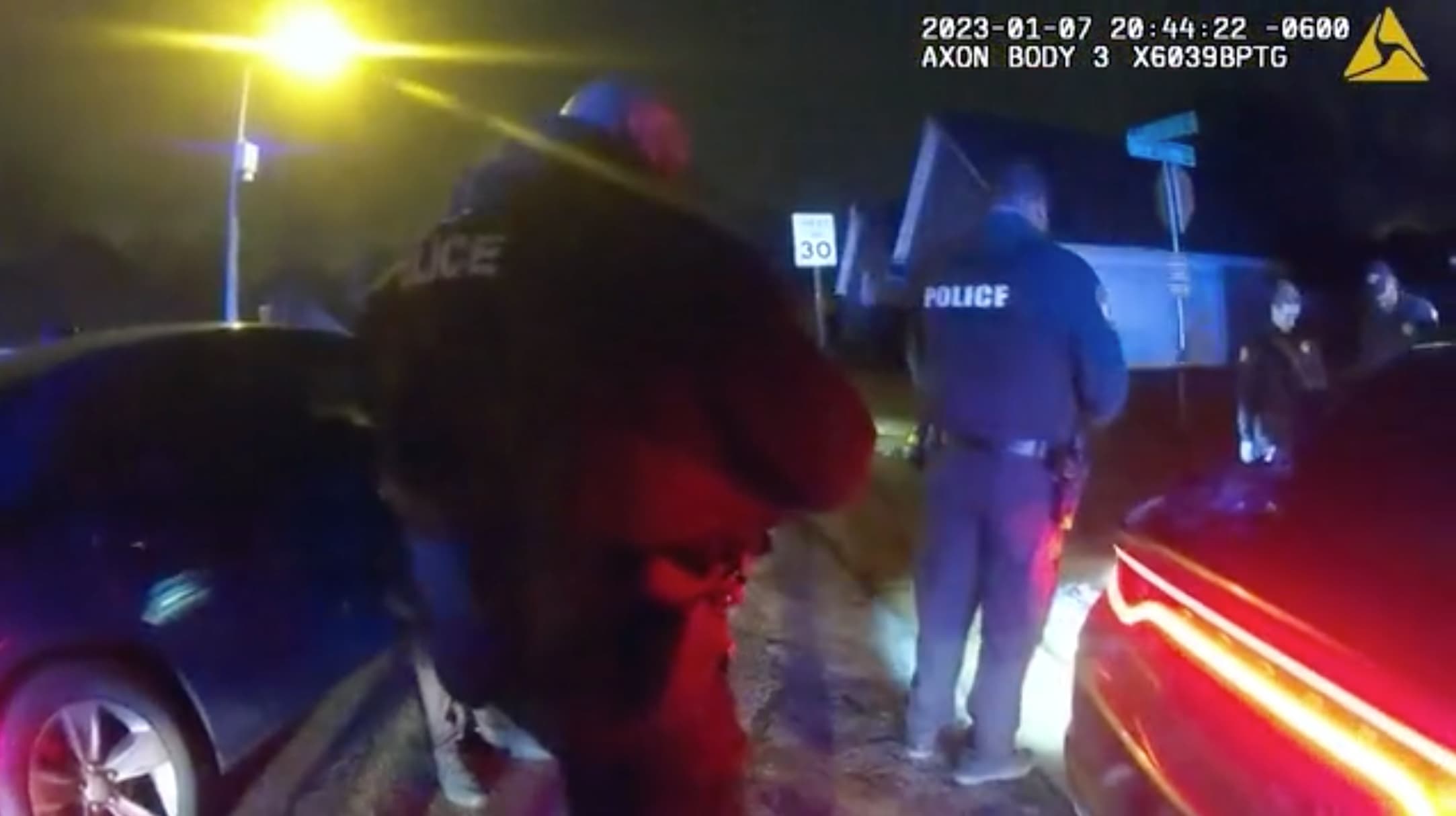A screen grab of a police body-worn camera video capturing the aftermath of Tyre Nichols's arrest on Jan. 7, 2023.