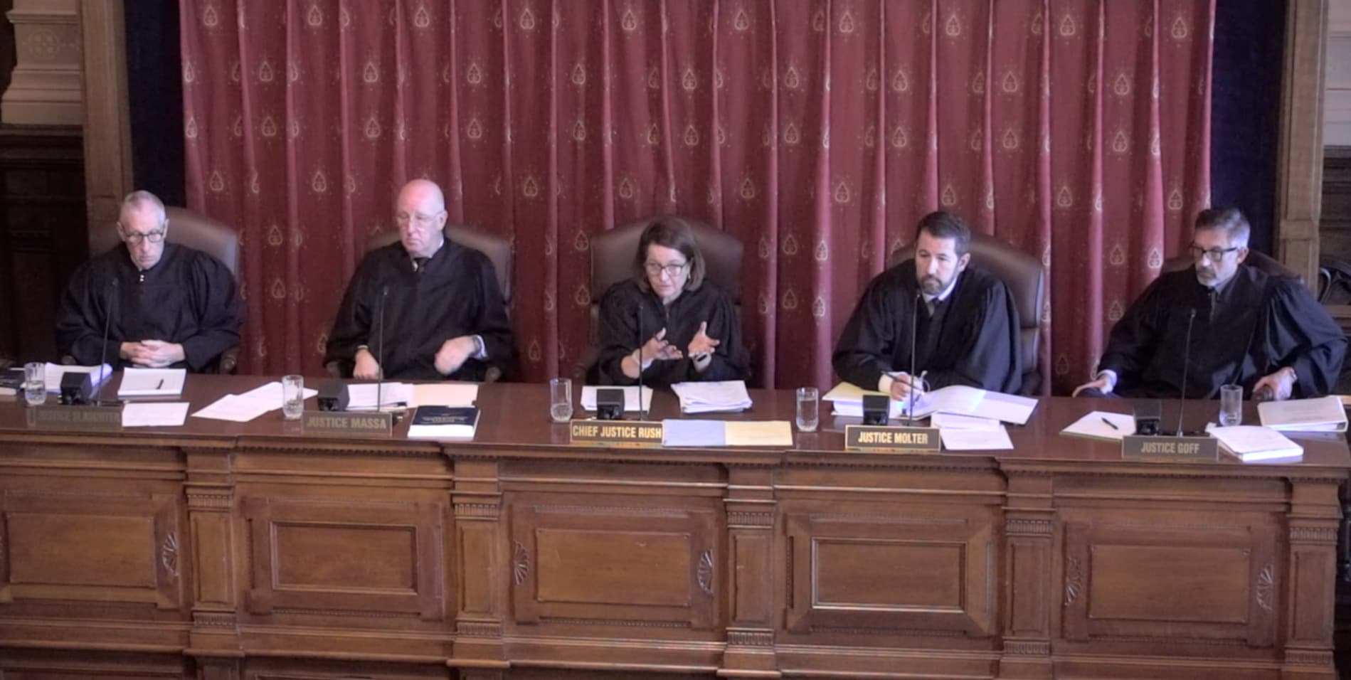 All five justices of the Indiana Supreme Court during oral arguments in Nardi v. King.