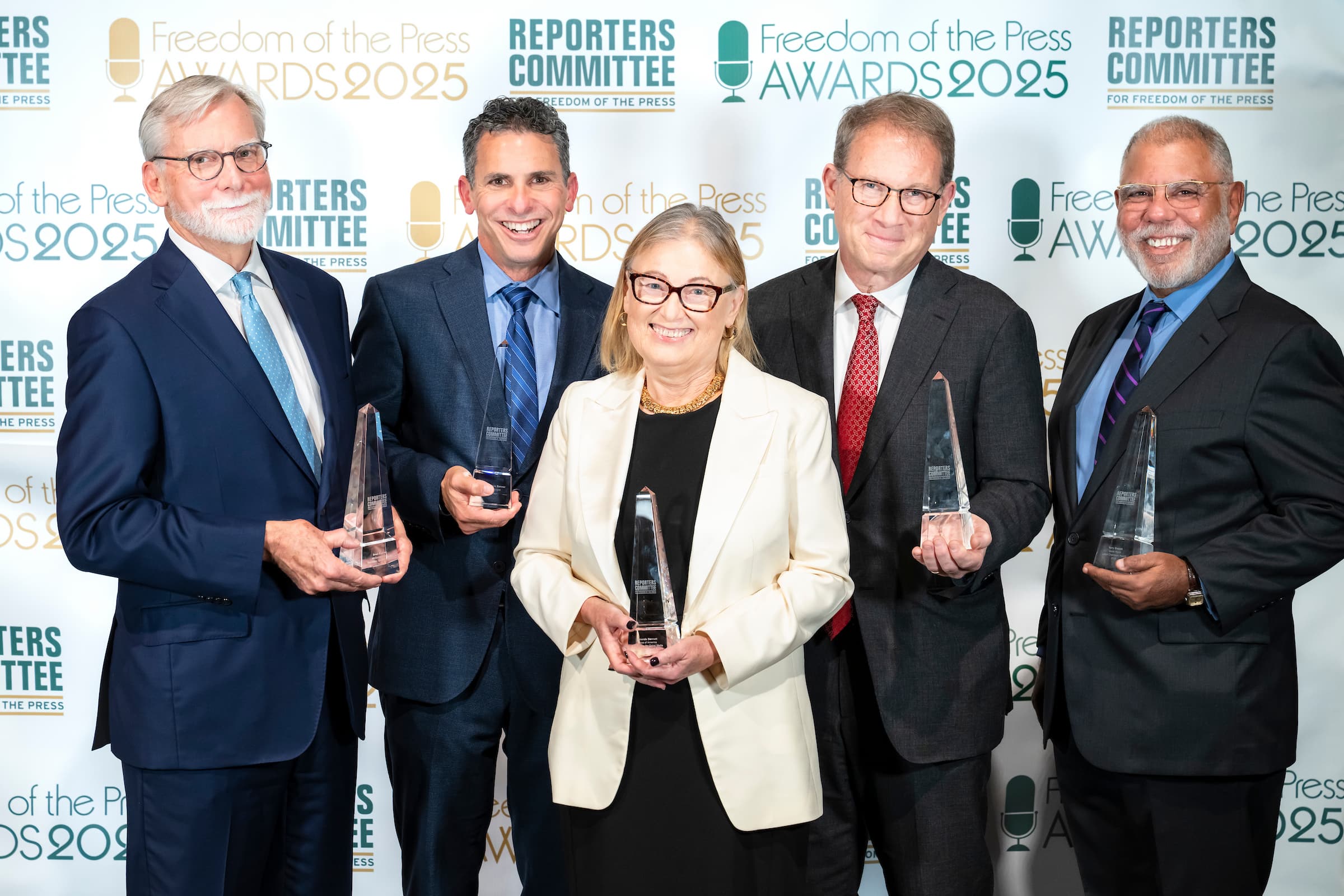 Winners of the Reporters Committee's 2025 Freedom of the Press Awards: From left, Brad Kutrow, Bob Cohn, Amanda Bennett, Jeffrey Goldberg, and Terry Baquet. (Photo by Meridith Kohut)