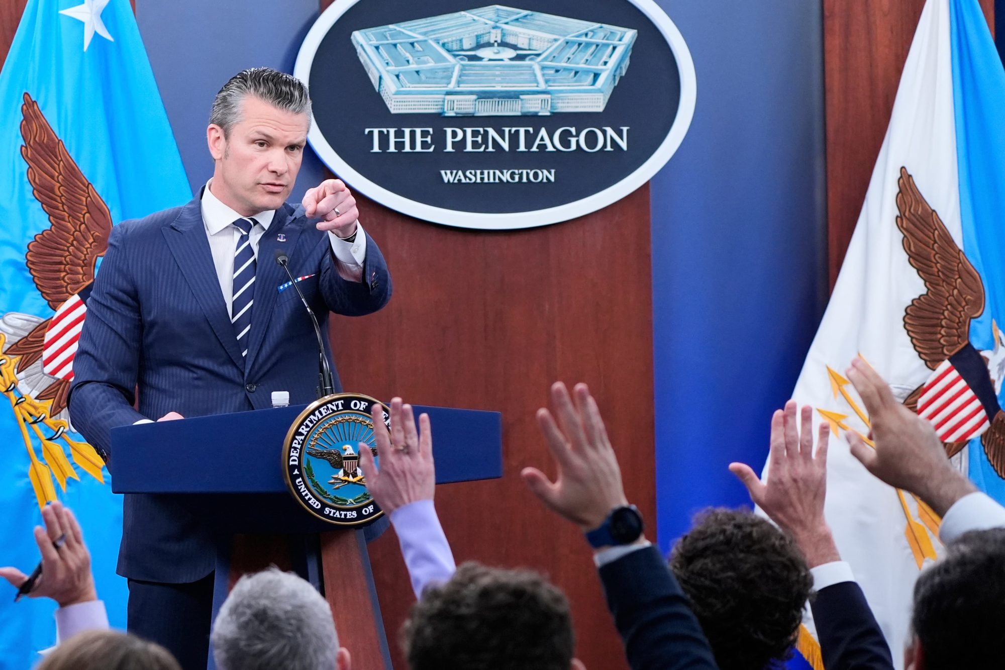 Defense Secretary Pete Hegseth calls on reporters for questions during a news conference at the Pentagon in Washington, Sunday, June 22, 2025, after the U.S. military struck three sites in Iran, directly joining Israel's effort to destroy the country's nuclear program. (AP Photo/Alex Brandon)