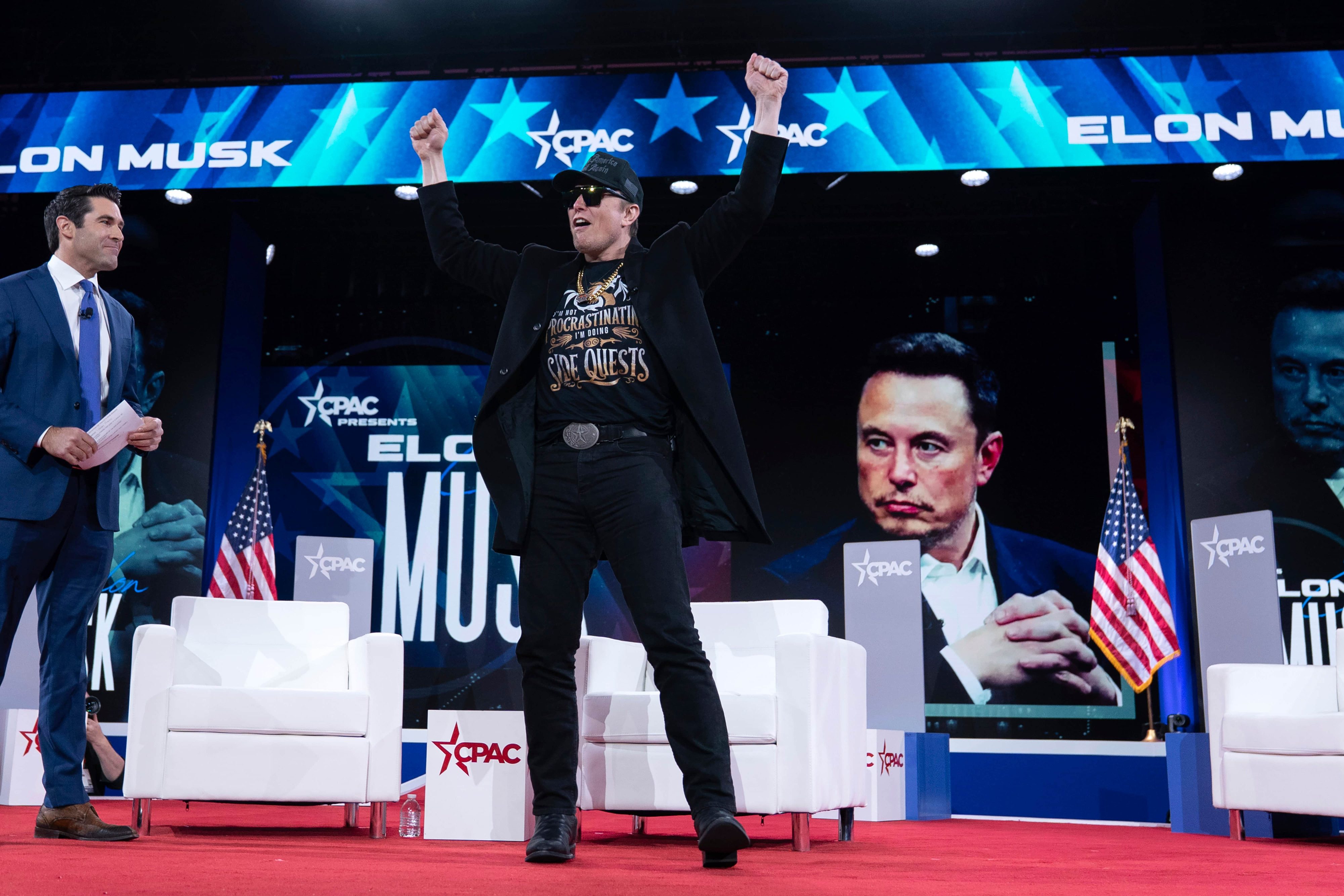 Elon Musk arrives to speak at the Conservative Political Action Conference, CPAC, at the Gaylord National Resort & Convention Center, Thursday, Feb. 20, 2025, in Oxon Hill, Md. (AP Photo/Jose Luis Magana)