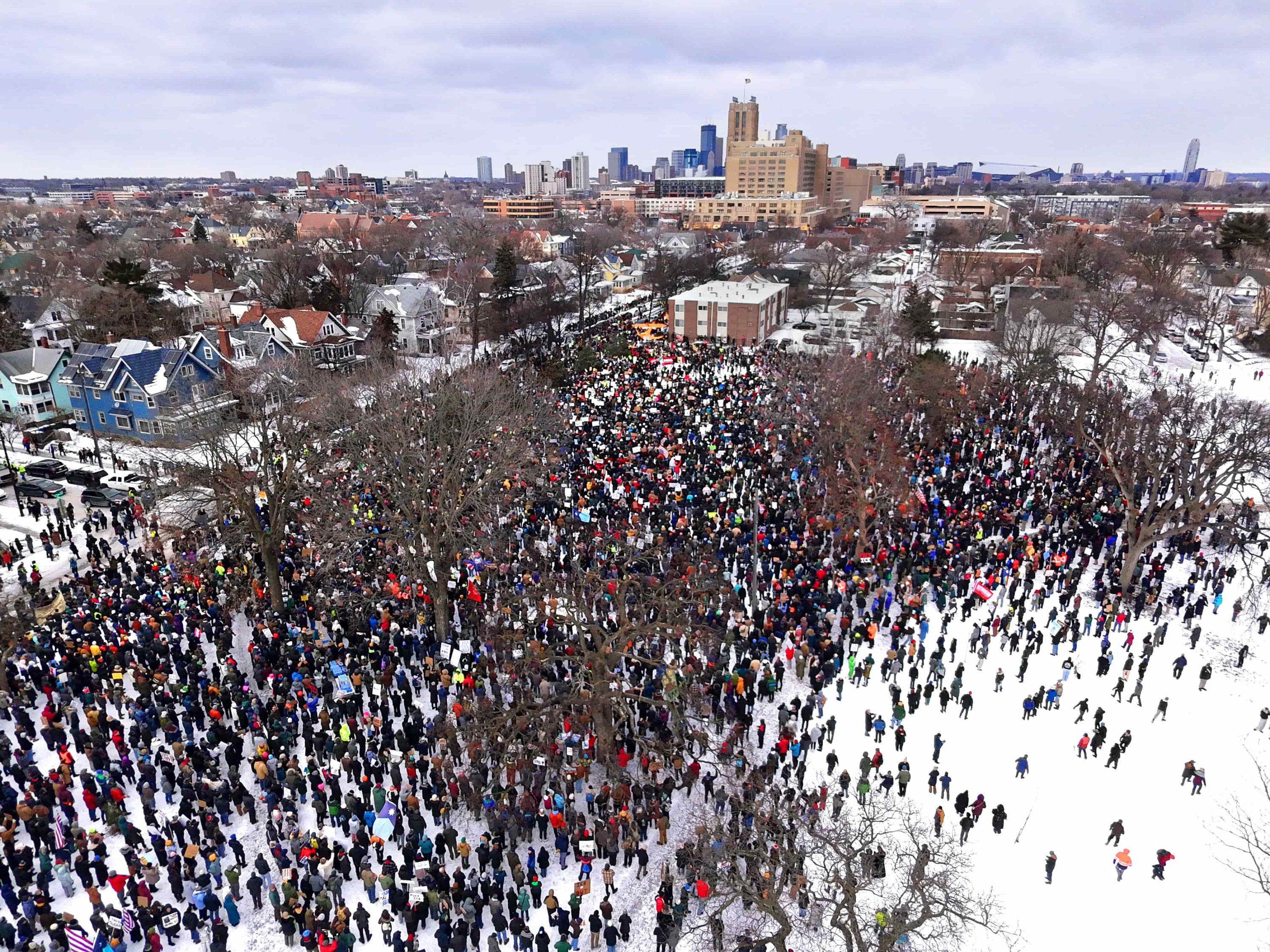 A drone photo of a rally at Powderhorn Park in Minneapolis on Jan. 10, 2026. (Credit: Rob Levine)