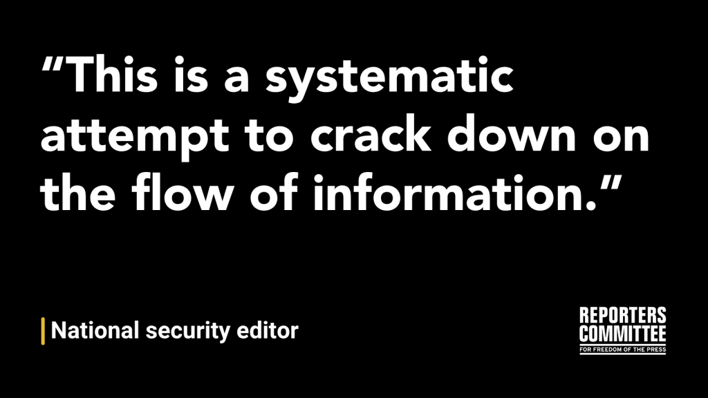 A black and white text graphic with a quote from a journalist: 'This is a systematic attempt to crack down on the flow of information.'