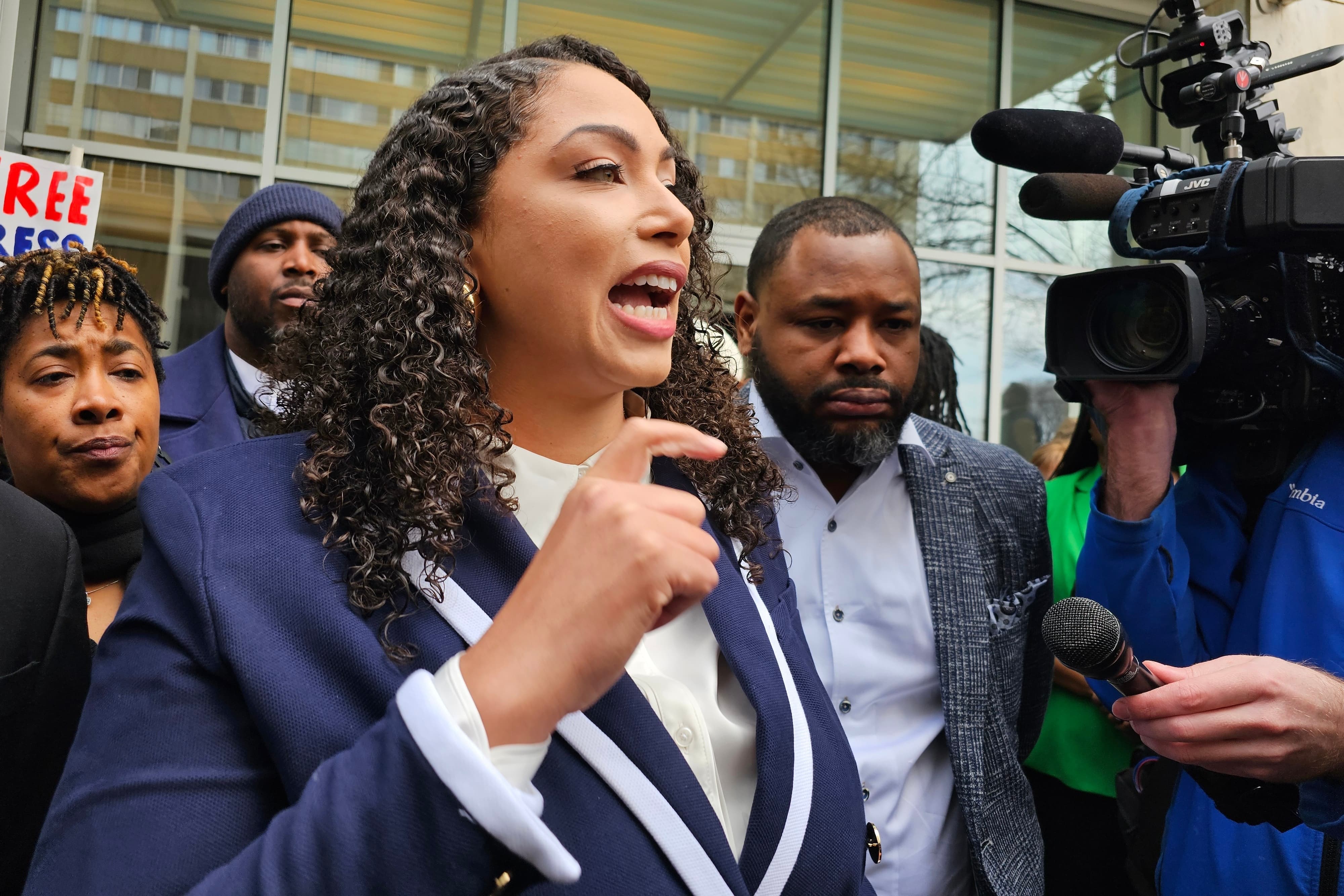 Minnesota-based independent journalist Georgia Fort speaks to reporters and supporters outside the federal courthouse in St. Paul, Minn., on Tuesday, Feb. 17, 2026, after pleading not guilty over her alleged role in a protest that disrupted a Sunday service at a Southern Baptist church in St. Paul, where an Immigration and Customs Enforcement official served as a pastor. (AP Photo/Steve Karnowski)