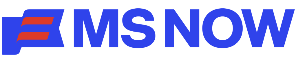 Blue text reading MS NOW on a white background with a blue and red flag icon