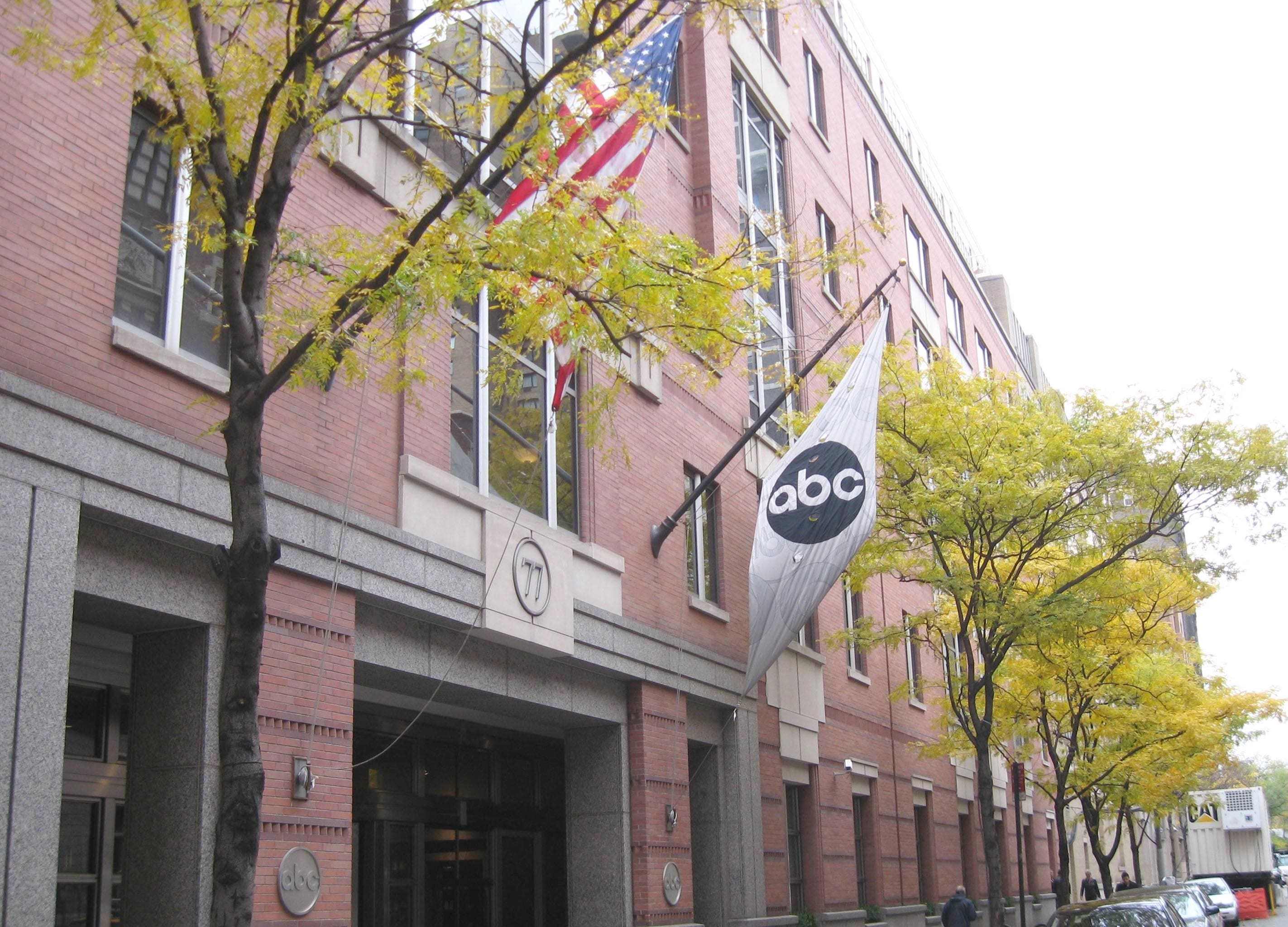 A flag hanging outside of an ABC building in New York City shows the company's logo.