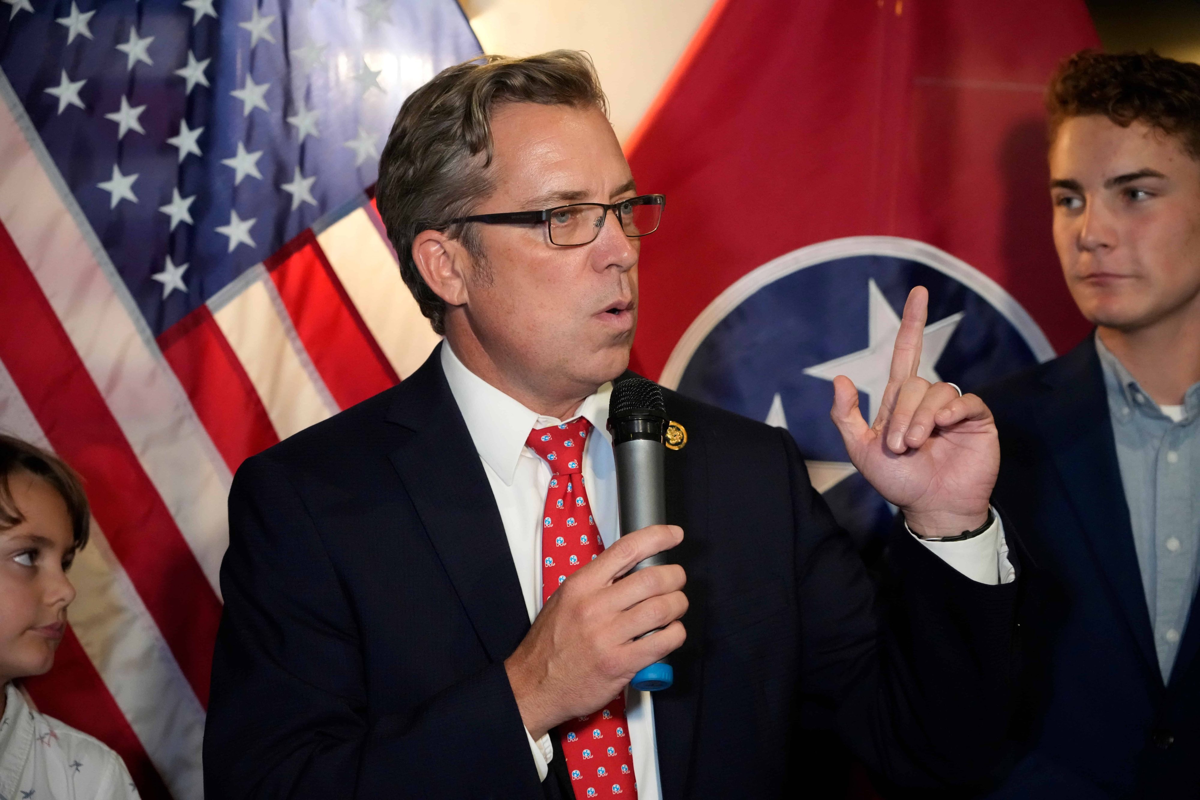 U.S. Rep. Andy Ogles, R-Tenn., speaks to supporters after being declared the winner in his Republican primary race Thursday, Aug. 1, 2024, in Franklin, Tenn. (AP Photo/Mark Humphrey)