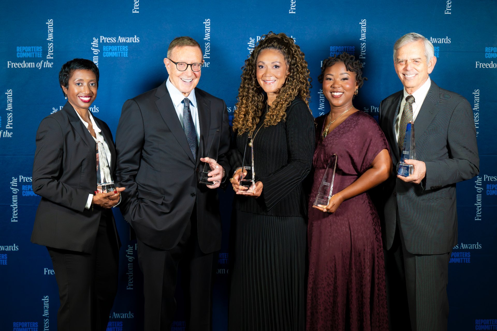 Winners of the 2026 Freedom of the Press Awards: From left, Katrice Hardy, representing The Marshall Project; Norman Pearlstine; Michele Norris; trina reynolds tyler; and David A. Schulz. (Credit: Meridith Kohut)
